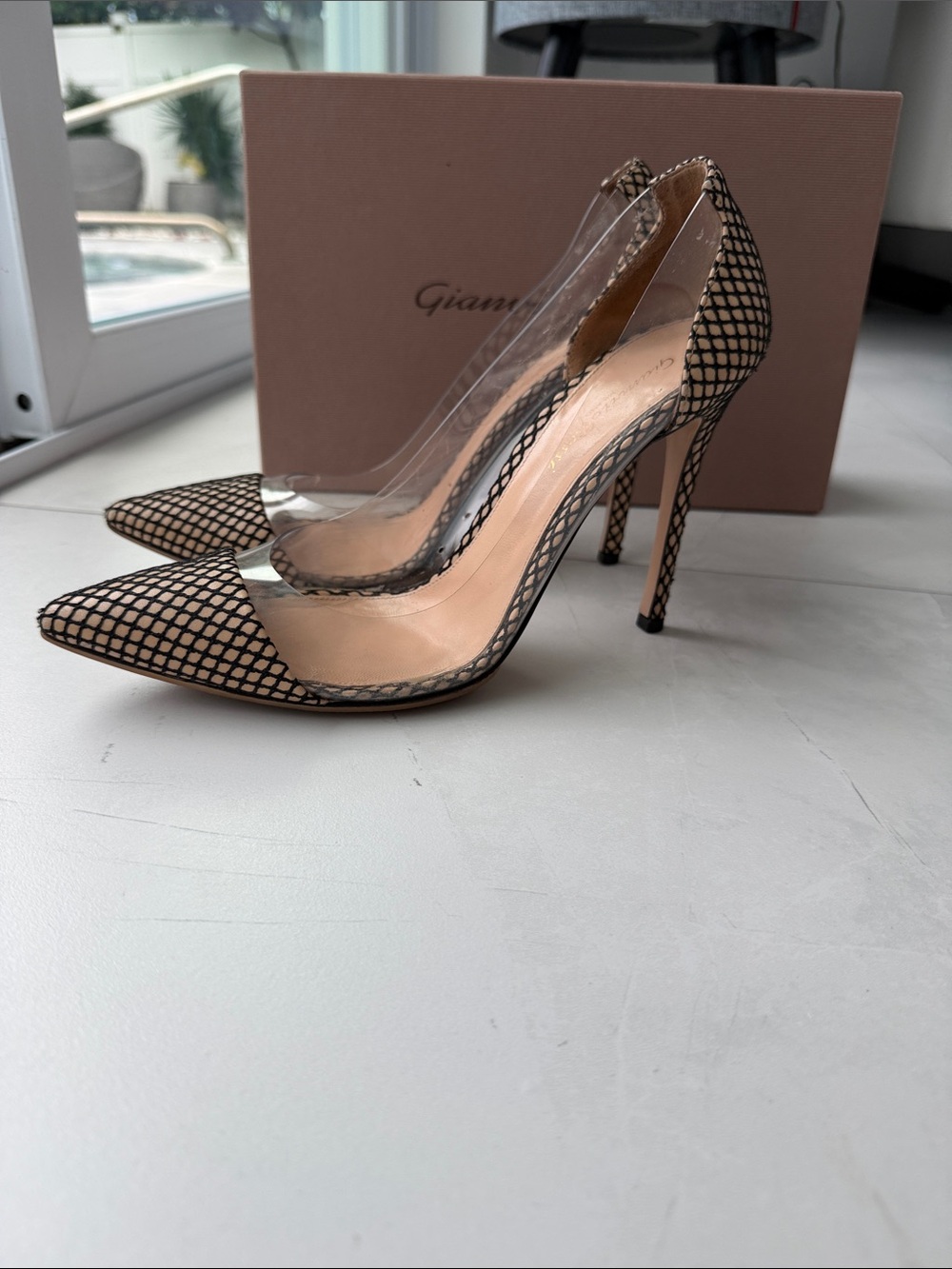 Gianvito Rossi Black Mesh and Clear Side Panel Pointed Pumps